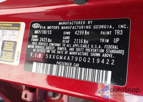 2013 Kia Optima Lx z USA, uszkodzony, nr VIN 5XXGM4A79DG219422